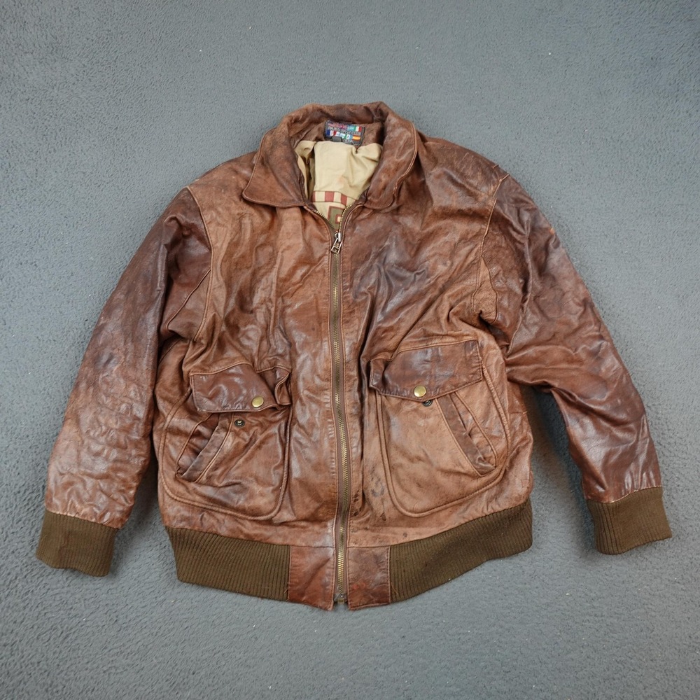 Vintage Paris Sport Club Leather Jacket Mens Large Brown Bomber Made Korea 80s